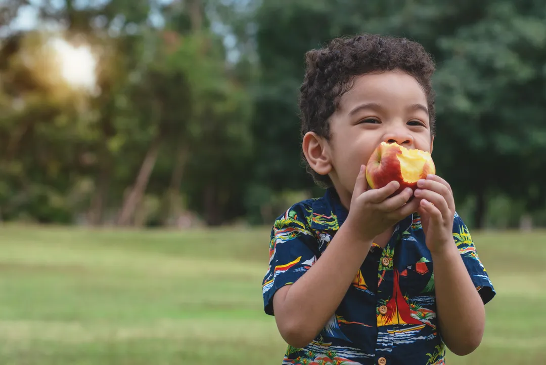 kid eating an apple in the park
