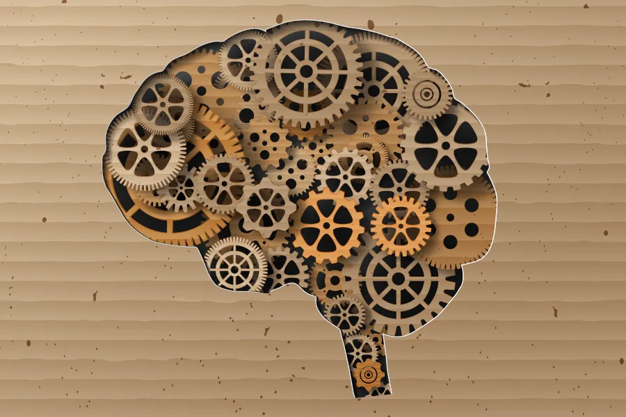 Brain-Optimization-Clinic Paper-cut illustration of a human brain filled with gears. Schedule Brain Optimization treatment from Discovery Health Healing Center in Green Bay.