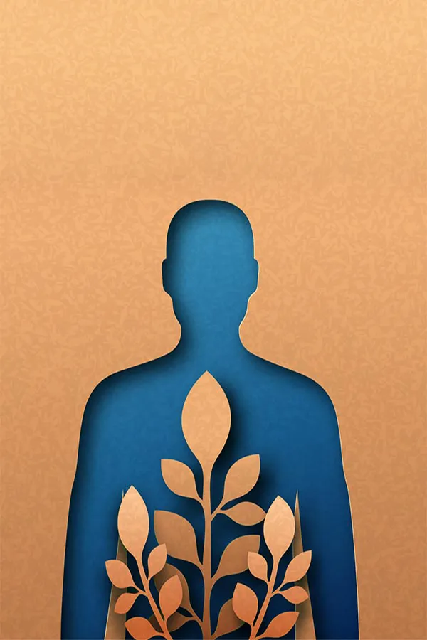 A human body shape cut out of cardboard with blue paper underneath and cardboard leaves on top, symbolizing functional medicine treatment from Discovery Health Healing Center in Green Bay.