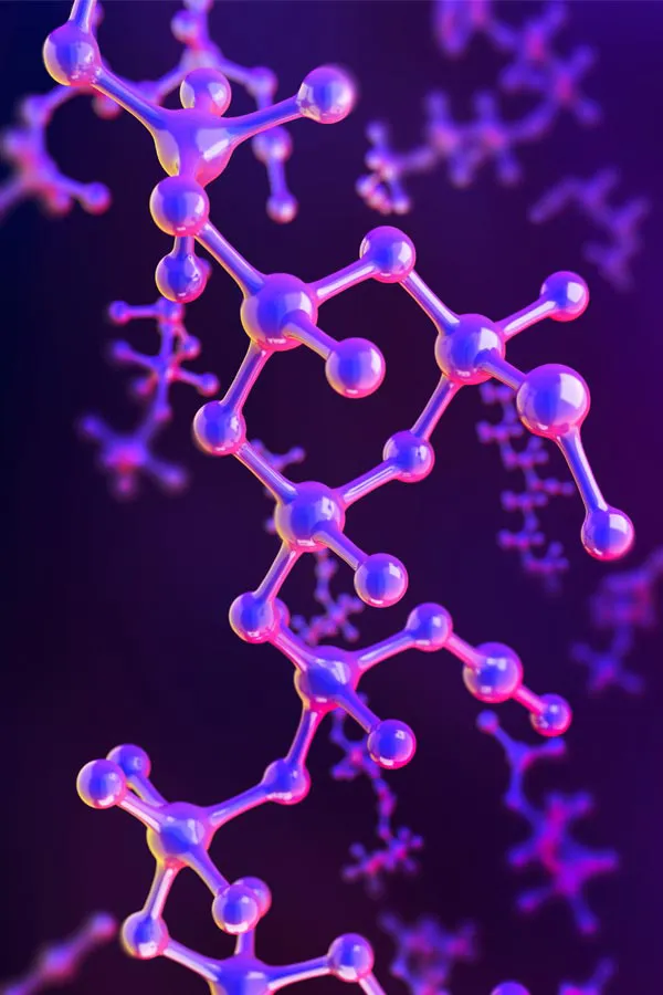 Hormone-Pellet-Treatment A 3D illustration of molecules in purple hues, representing hormone pellet treatments from Discovery Health Healing Center in Green Bay.