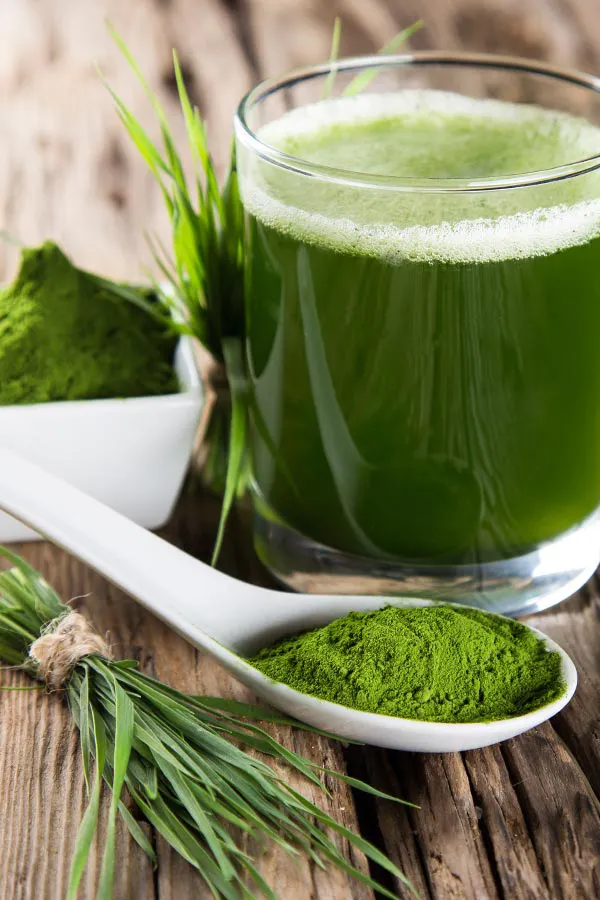 Immune-Support-Treatment Healthy, green powders, herbs, and juice on a natural wood table. Get Immune Support treatment from Discovery Health Healing Center in Green Bay.