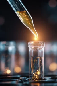 ProdromeGlia-for-Neurological-Longevity-Treatment Illustration of a gold-speckled liquid dropping from a dropper to a small vial. Get ProdromeGlia for Neurological Longevity from Discovery Health Healing Center in Green Bay.