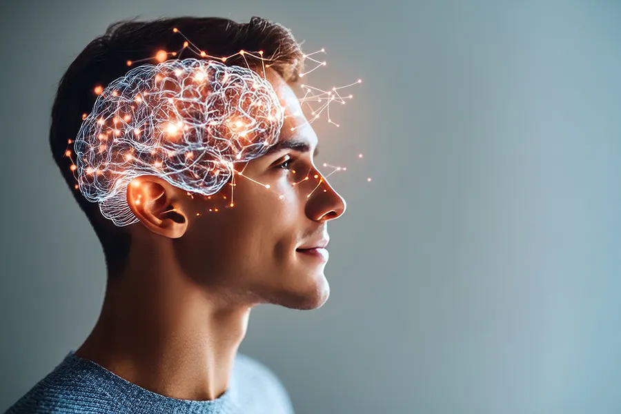 ProdromeNEURO-for-Brain-Health-Clinic A man with a brain activity illustration superimposed over his head. Get ProdromeNEURO for Brain Health from Discovery Health Healing Center in Green Bay.