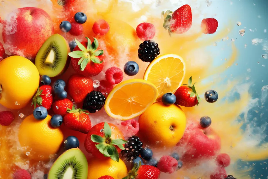 Vitamin-IV-Therapy-Clinic 3D illustration of fruits and juices bursting with nutrition. Get vitamin IV therapy from Discovery Health Healing Center in Green Bay.