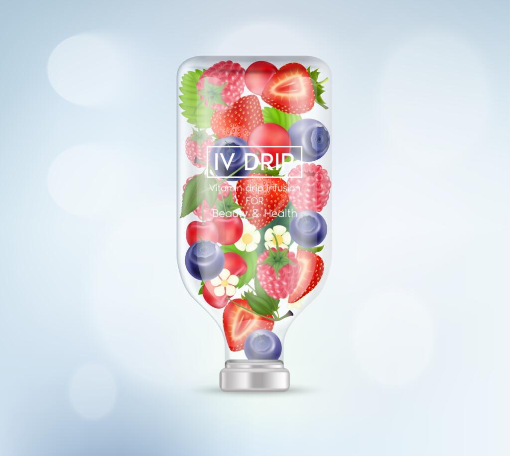 Iv,Drip,Vitamin,Berry,Infusion,Therapy.,Different,Fruit,Vegetable,Inside IV Drip with berries. IV Therapy in Green Bay.